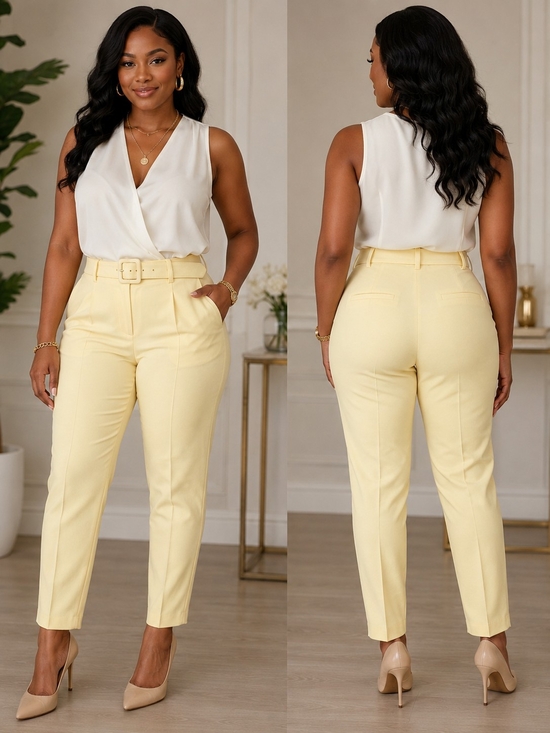 aveloria Pants - High-Rise Belted Tailored Trousers in Soft Yellow